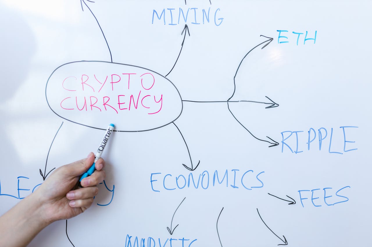 Hand writing cryptocurrency concepts on whiteboard in business meeting.